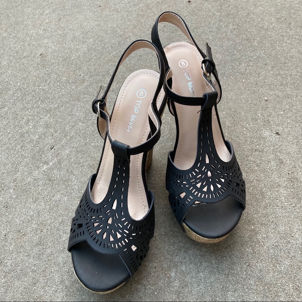 TOP Moda- Black and Tan wedge sandals- size 8